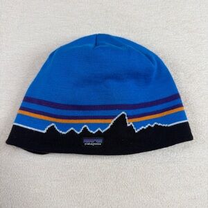 Patagonia Merino Wool Blend Beanie Hat Blue Stripe One Size